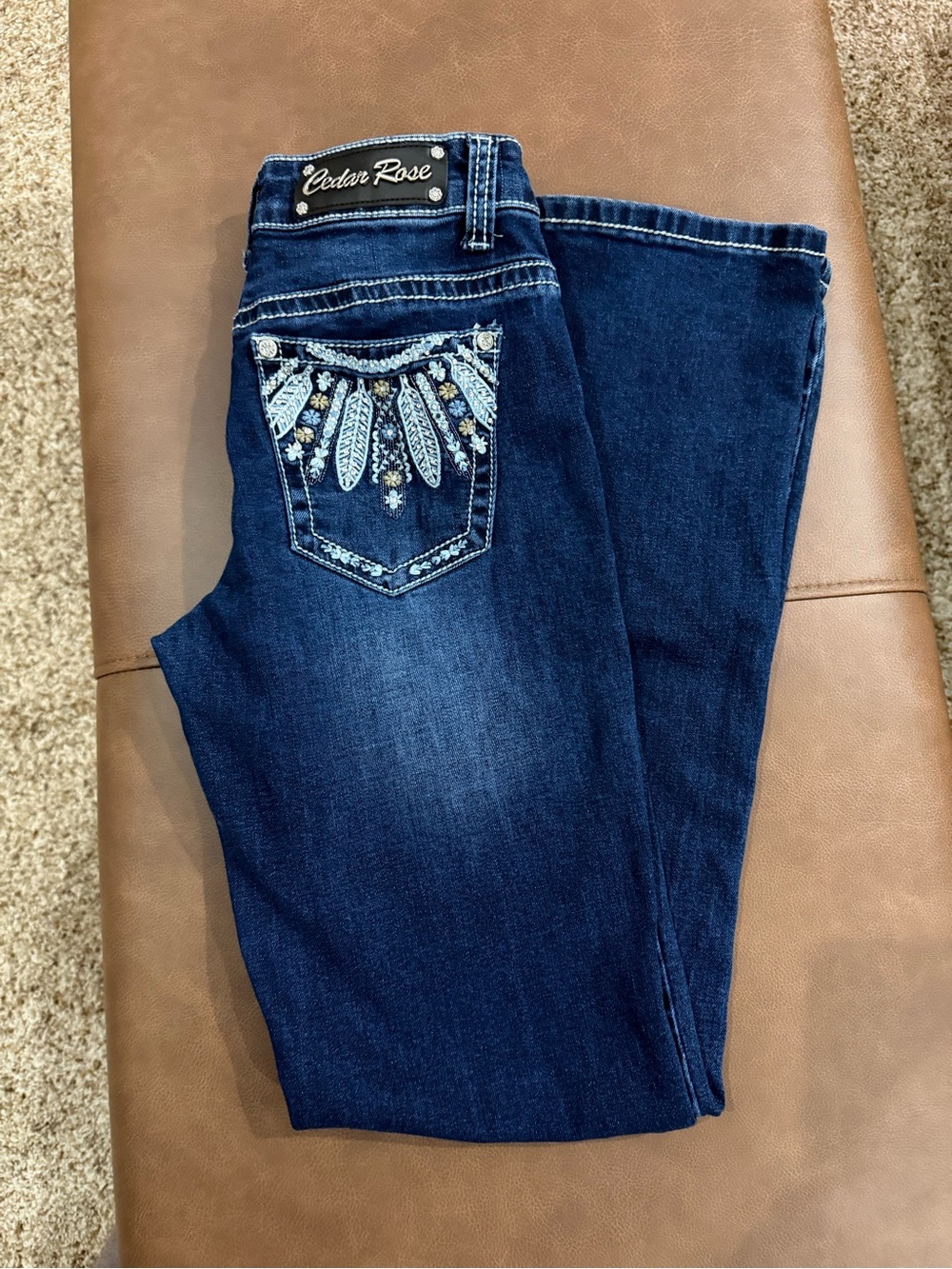 Girls Dark Blue Bootcut Jeans with Embroidered Pocket